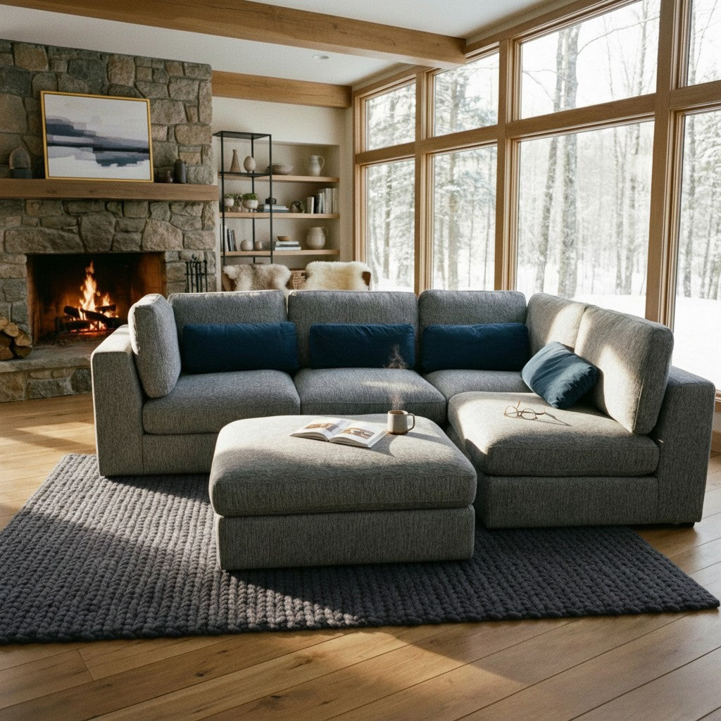 Aluxo Madison 4+1+Storage Footstool Modular Sofa In Blue Boucle Fabric