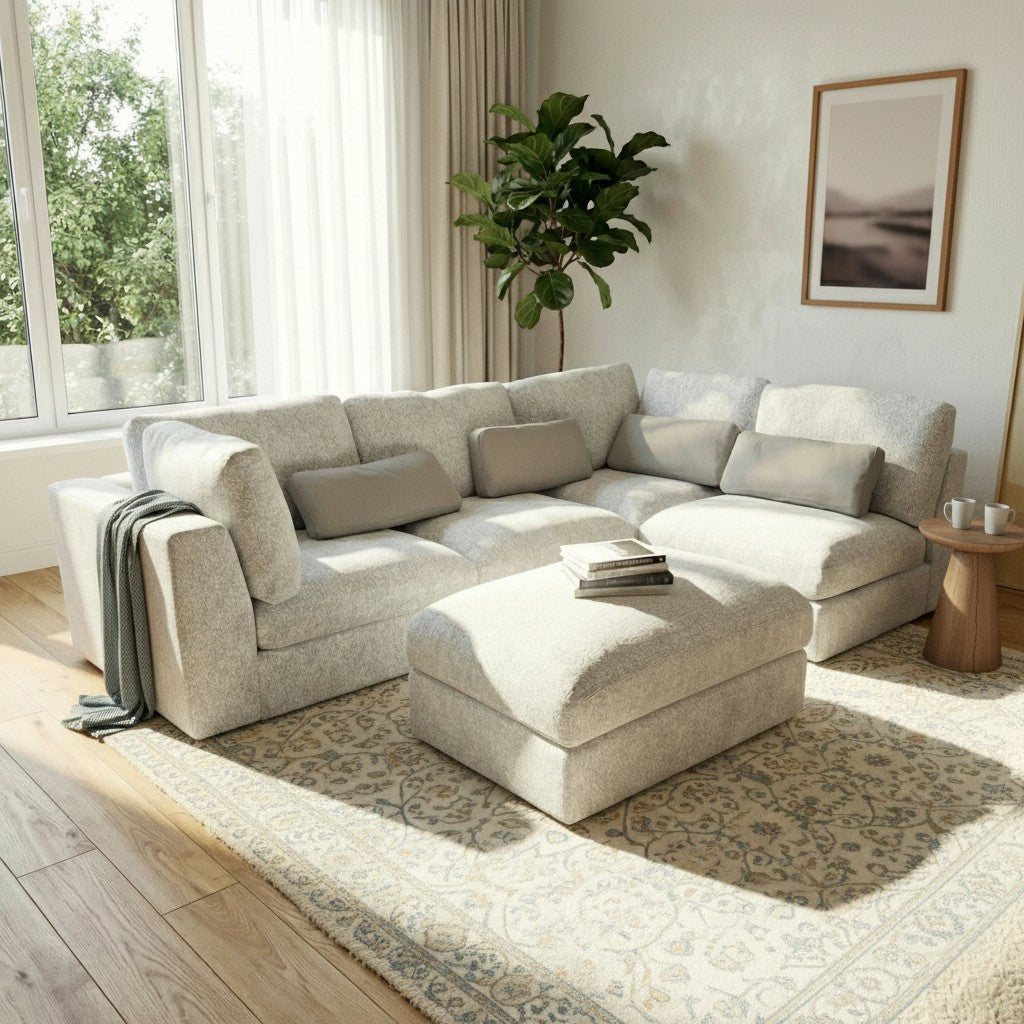 Aluxo Madison 4+1+Storage Footstool Modular Sofa In Blue Boucle Fabric