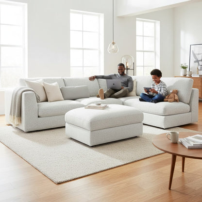 Aluxo Madison 4+1+Storage Footstool Modular Sofa In Blue Boucle Fabric
