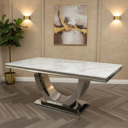 Luxury Urban 1.8m White Marble Dining Set Chrome U-Base Table With Oskar Dark Grey Velvet Chairs