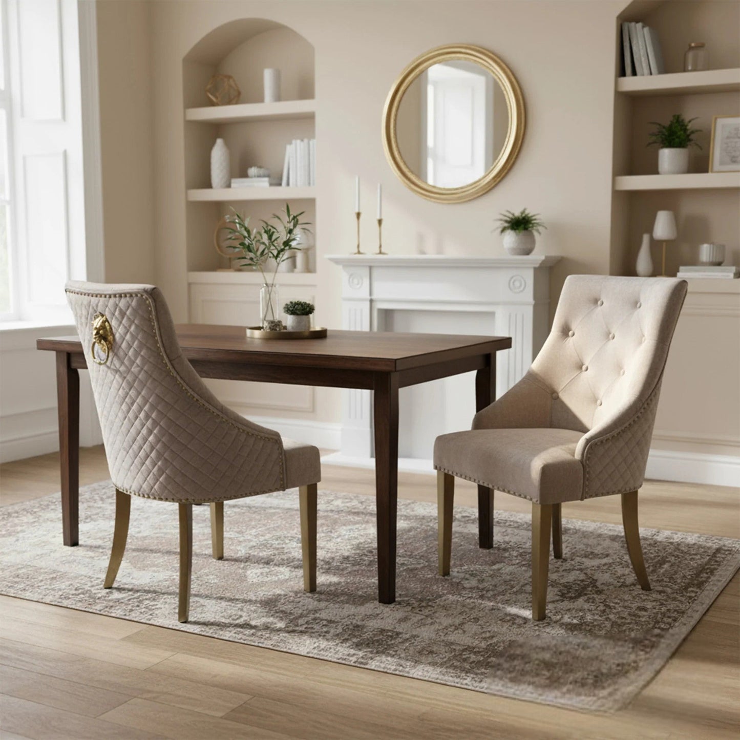 Bentley Beige/Cream Velvet Dining Chair With Gold Legs And Lion Knocker