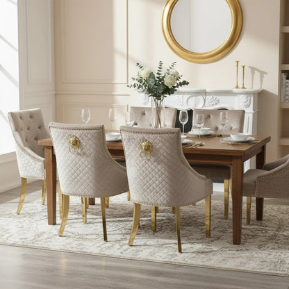 Bentley Beige/Cream Velvet Dining Chair With Gold Legs And Lion Knocker