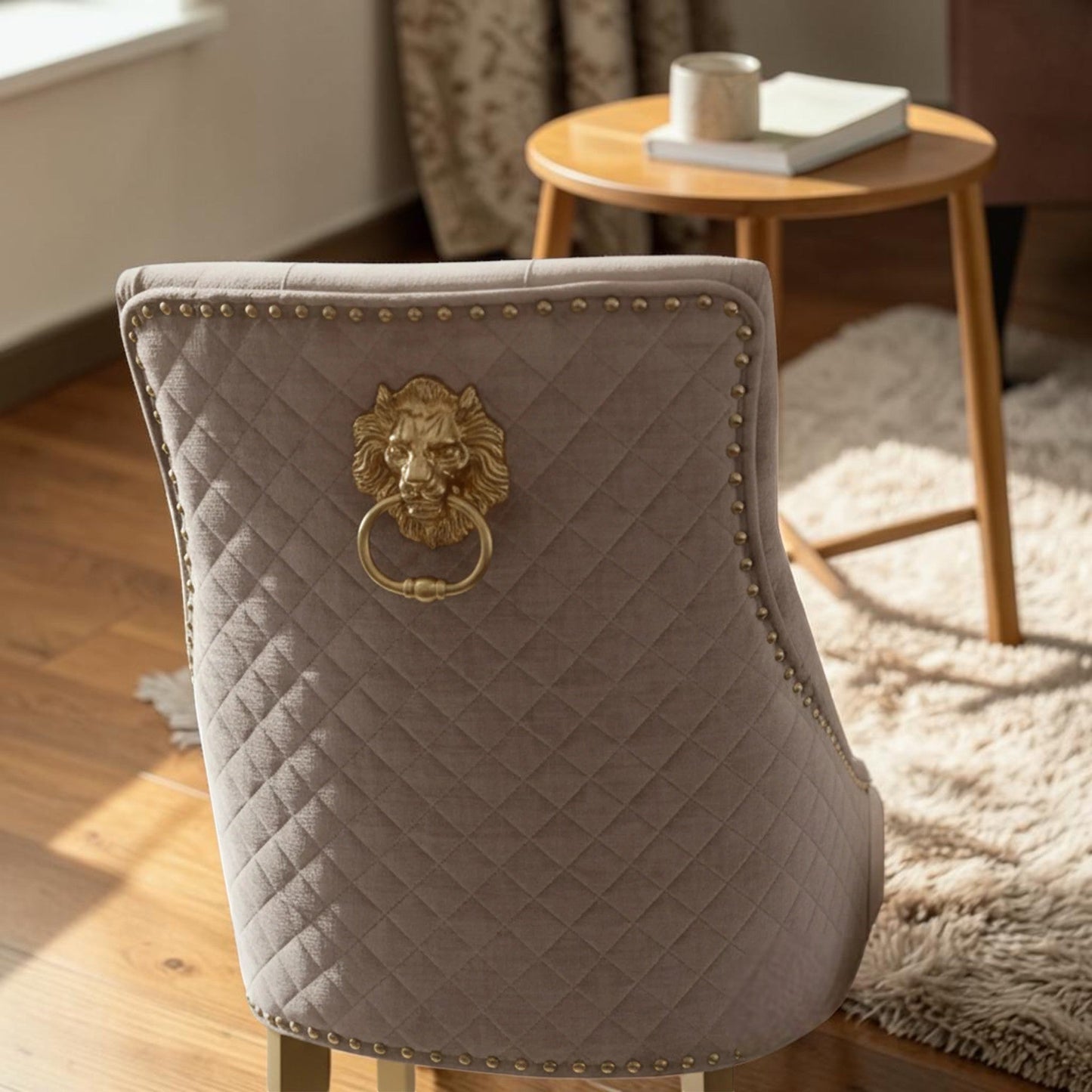 Bentley Beige/Cream Velvet Dining Chair With Gold Legs And Lion Knocker