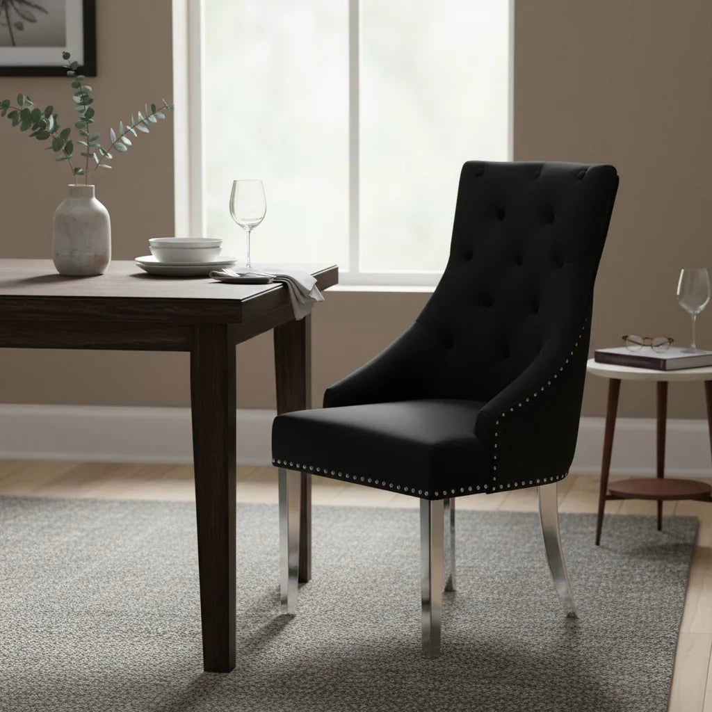 Bentley Dark Grey Velvet Dining Chair With Chrome Legs And Lion Knocker