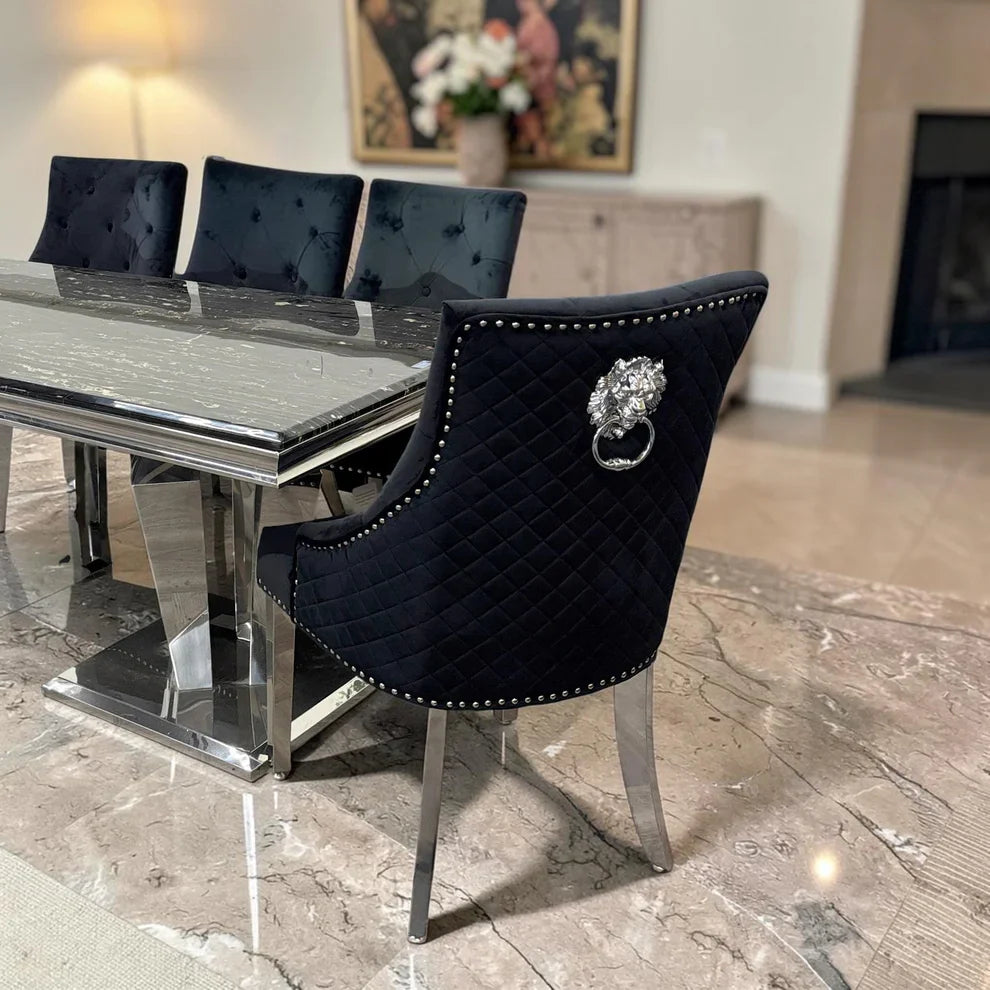 Bentley Dark Grey Velvet Dining Chair With Chrome Legs And Lion Knocker