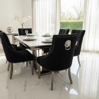 Bentley Dark Grey Velvet Dining Chair With Chrome Legs And Lion Knocker