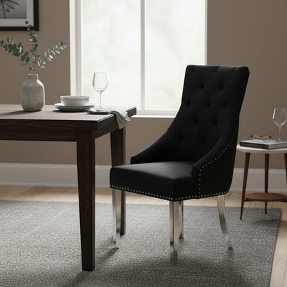 Bentley Black Velvet Dining Chair With Chrome Legs And Lion Knocker