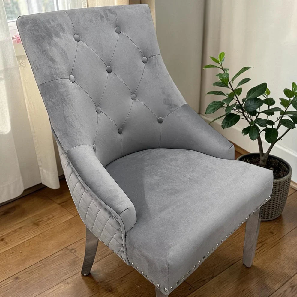 Bentley Black Velvet Dining Chair With Chrome Legs And Lion Knocker