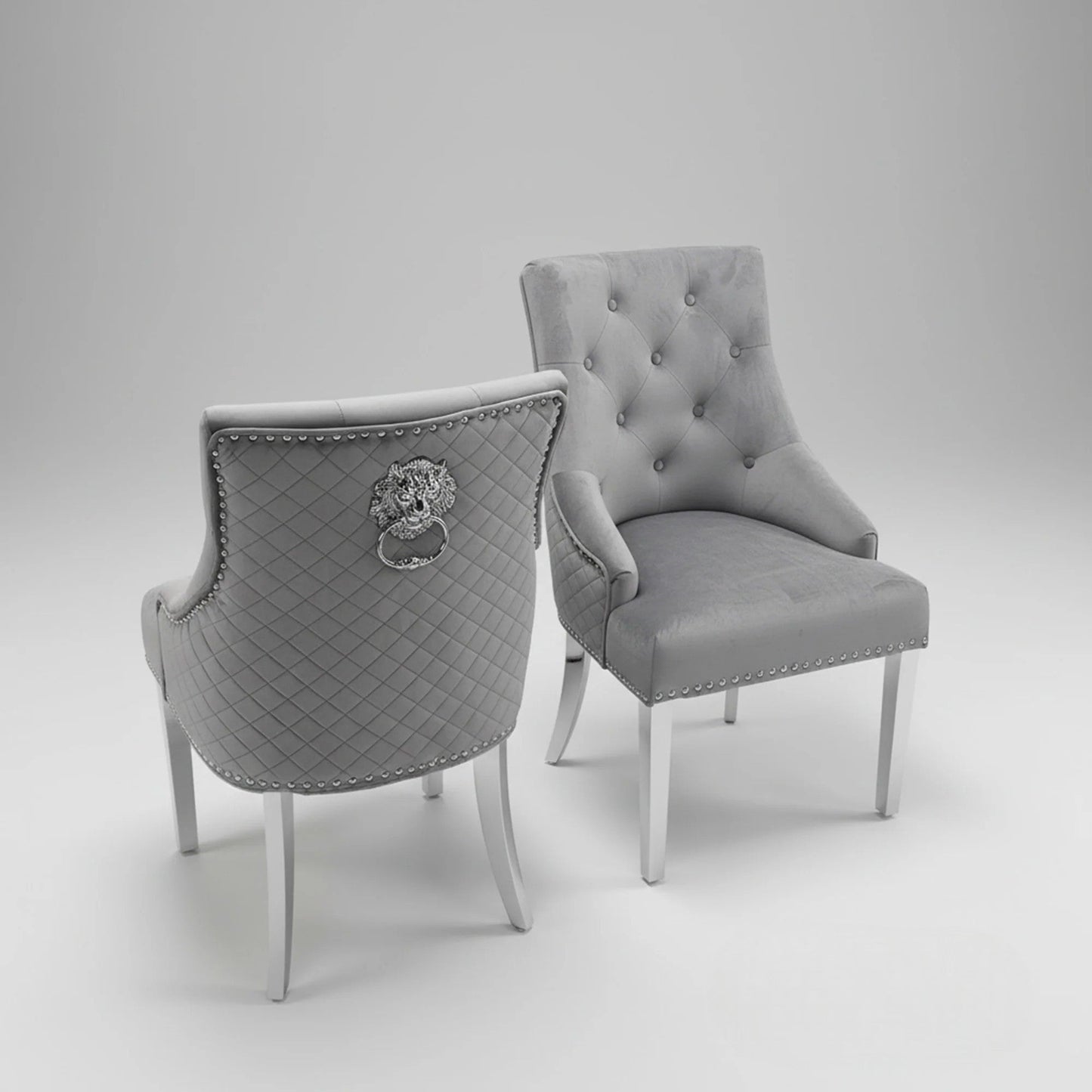 Bentley Dark Grey Velvet Dining Chair With Chrome Legs And Lion Knocker