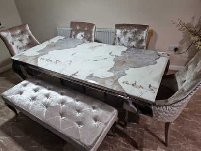 Louis Chrome Marble Dining Set with 4 Bentley Pewter Chairs & Louis Dining Bench