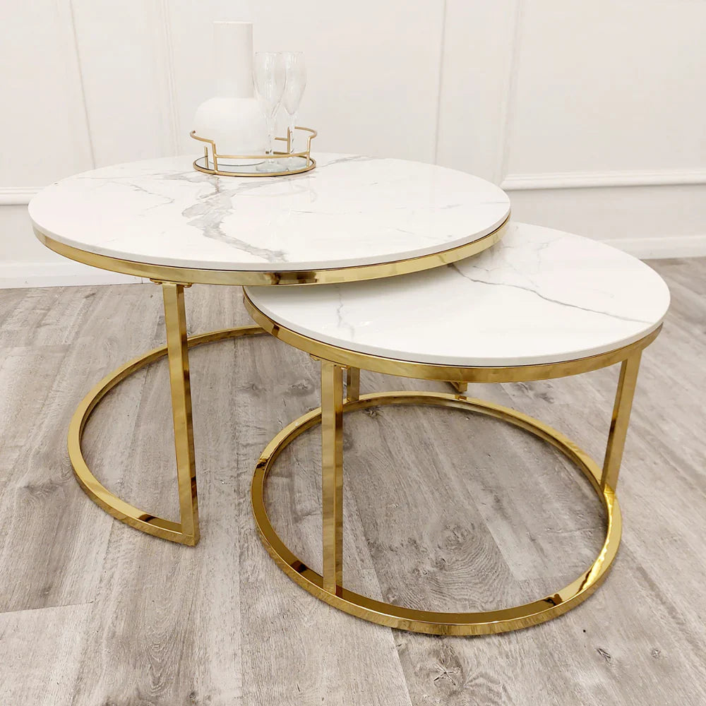 Cato Nest of 2 Short Round Coffee Tables – Gold Frame with Polar White Sintered Stone