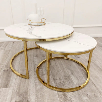 Cato Nest of 2 Short Round Coffee Tables – Gold Frame with Polar White Sintered Stone