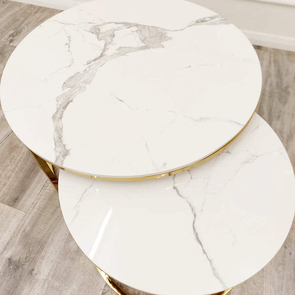 Cato Nest of 2 Short Round Coffee Tables – Gold Frame with Polar White Sintered Stone