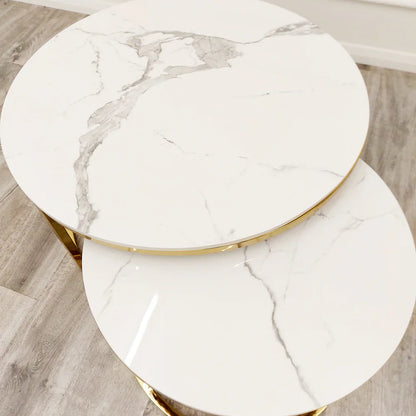 Cato Nest of 2 Short Round Coffee Tables – Gold Frame with Polar White Sintered Stone