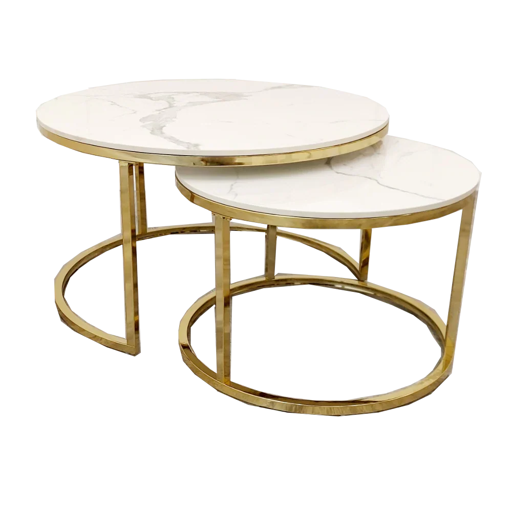 Cato Nest of 2 Short Round Coffee Tables – Gold Frame with Polar White Sintered Stone
