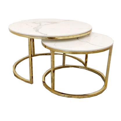 Cato Nest of 2 Short Round Coffee Tables – Gold Frame with Polar White Sintered Stone