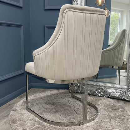 Chelmsford Dining Chair In Beige/Cream Velvet Fabric With Silver Frame