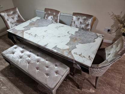 Louis Chrome Marble Dining Set with 4 Bentley Pewter Chairs & Louis Dining Bench