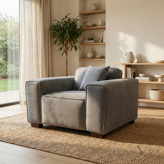 Dakota Armchair – Charcoal Grey Bouclé | Feather-Filled Accent Chair