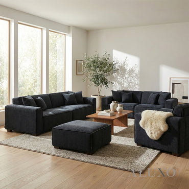 Dakota Complete Sofa Set – 4+3+1+Footstool | Midnight Black Bouclé