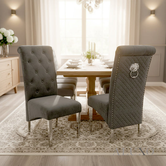 Einar Dark Grey Plush Velvet Dining Chair | Scroll Top, Chrome Lion Knocker & Quilted Back