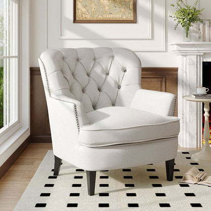Classic Buttoned Back Linen Armchair with Wooden Legs