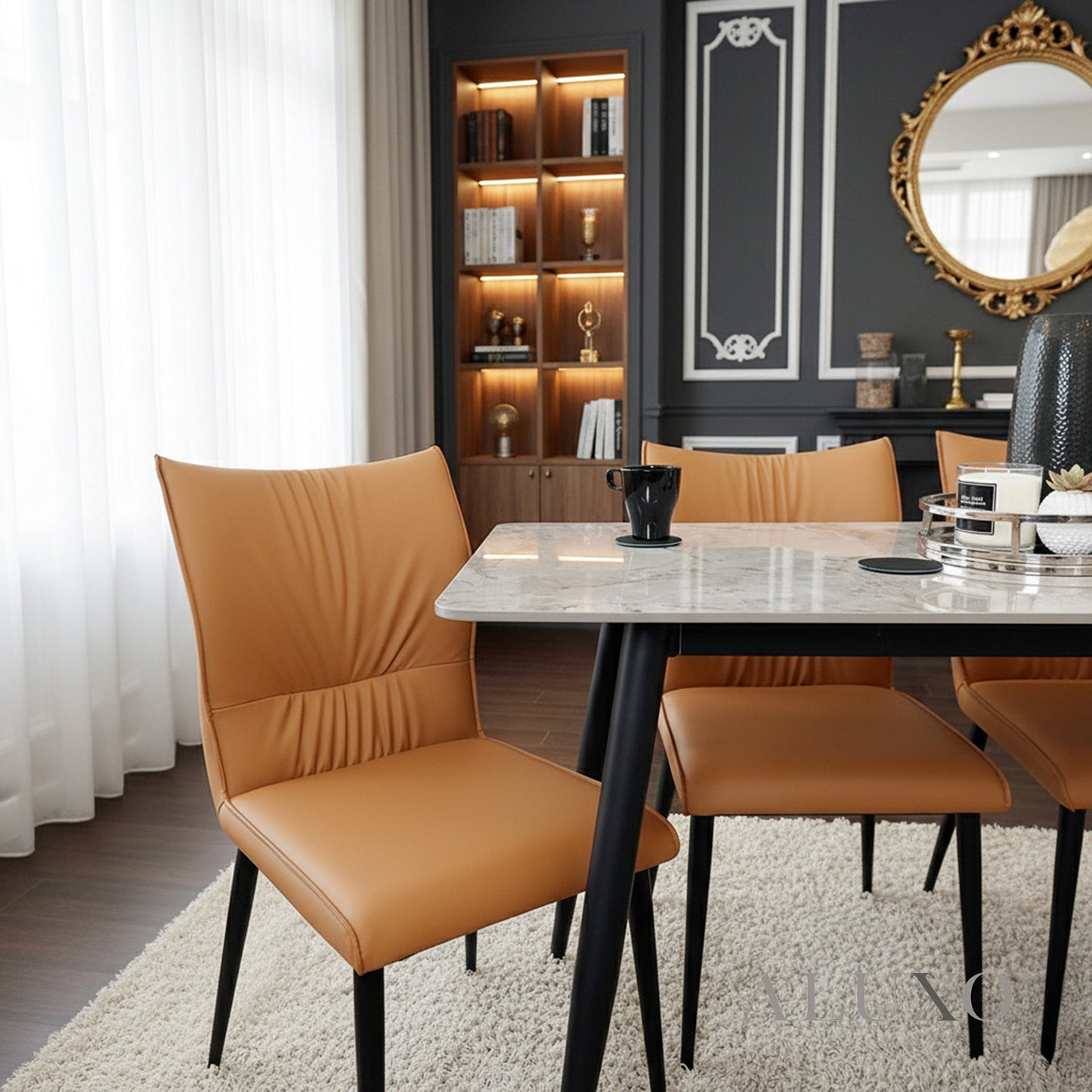 Folke Leather Dining Chair | Tan Orange Ruched Style, Faux Leather, Scandinavian Legs