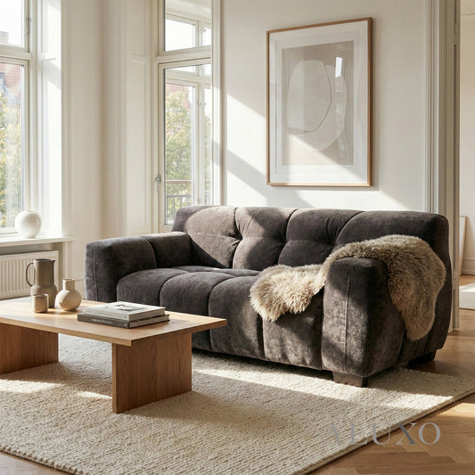 Harlem 2 Seater Compact Sofa – Cocoa Chocolate Velvet | Deep Channel Stitched