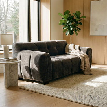 Harlem 2 Seater Compact Sofa – Cocoa Chocolate Velvet | Deep Channel Stitched