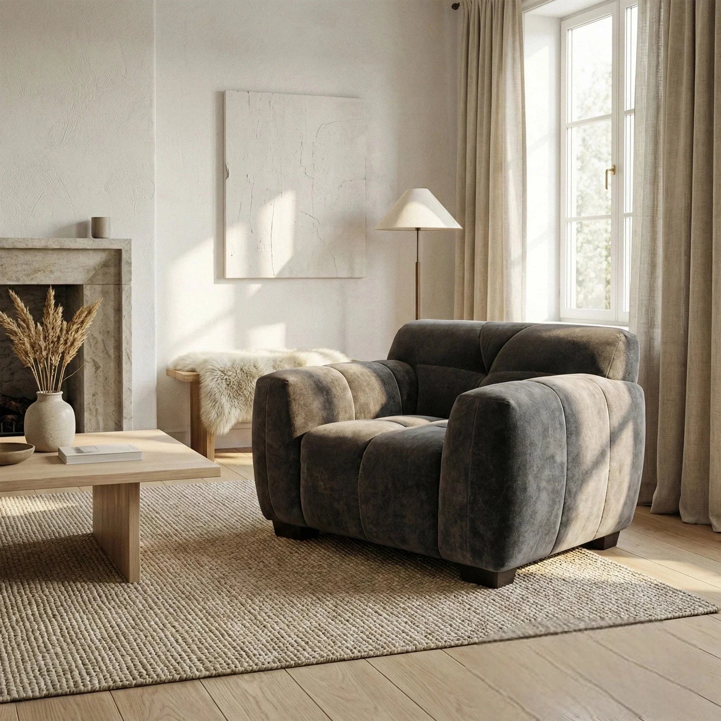 ALUXO Harlem Deep Channel Stitched Armchair In Cocoa Chocolate Grey Mermaid Velvet