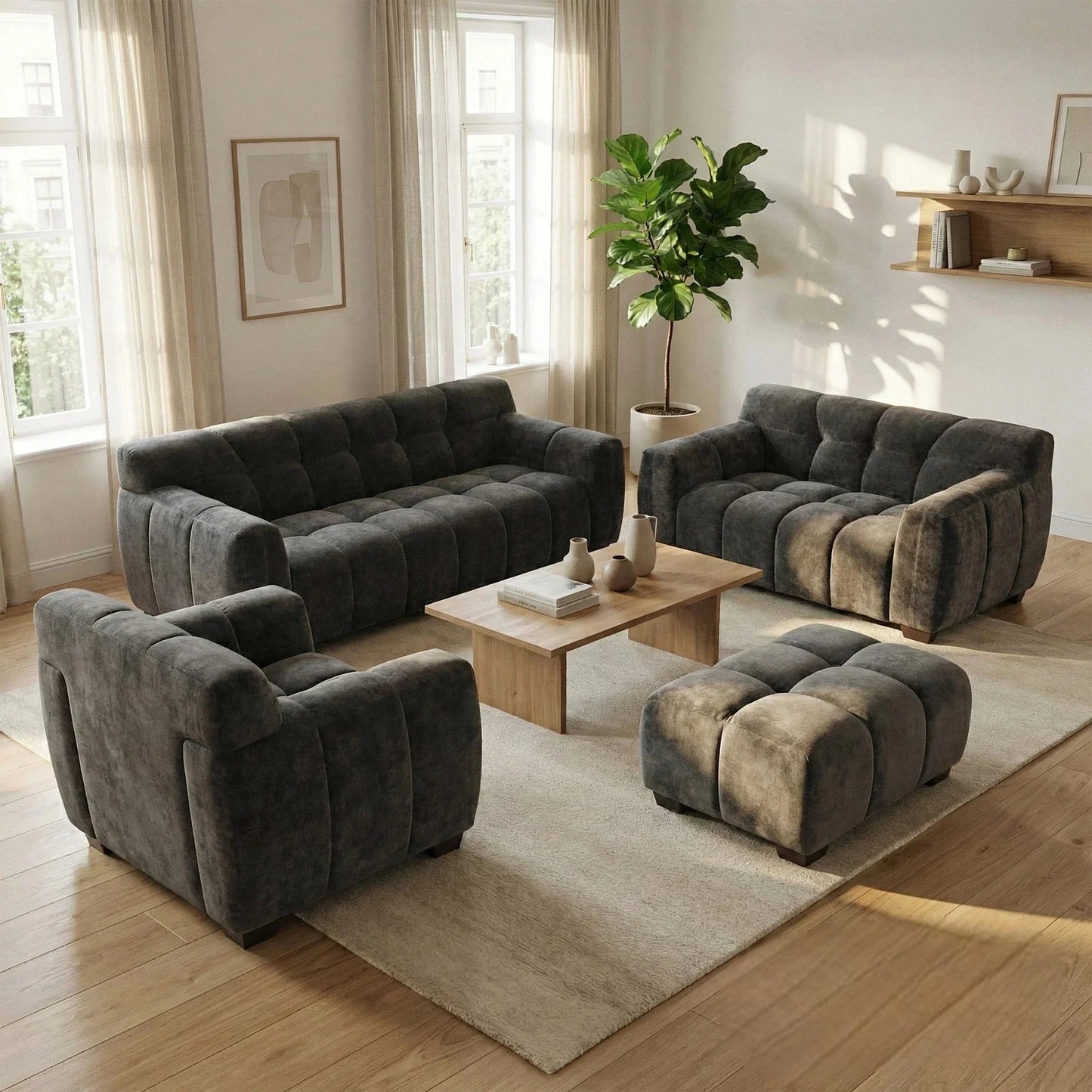 ALUXO Harlem Deep Channel Stitched Armchair In Steel Grey Mermaid Velvet