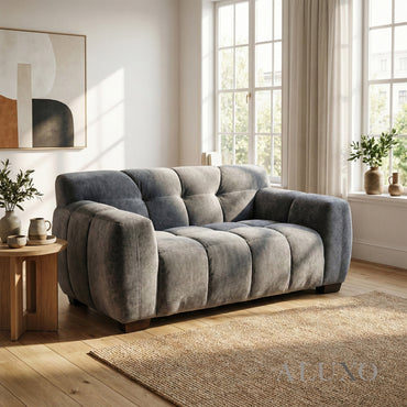 ALUXO® Harlem 2 Seater Compact Sofa – Steel Grey Mermaid Velvet | Deep Channel Stitched