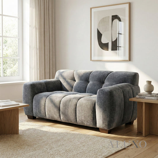 ALUXO® Harlem 2 Seater Compact Sofa – Steel Grey Mermaid Velvet | Deep Channel Stitched