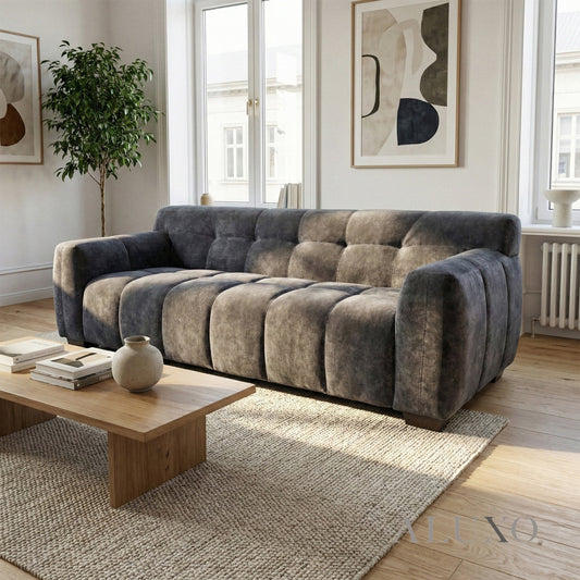 Harlem 3 Seater Sofa – Steel Grey Mermaid Velvet | Deep Channel Stitched