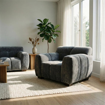 ALUXO Harlem Deep Channel Stitched Armchair In Steel Grey Mermaid Velvet