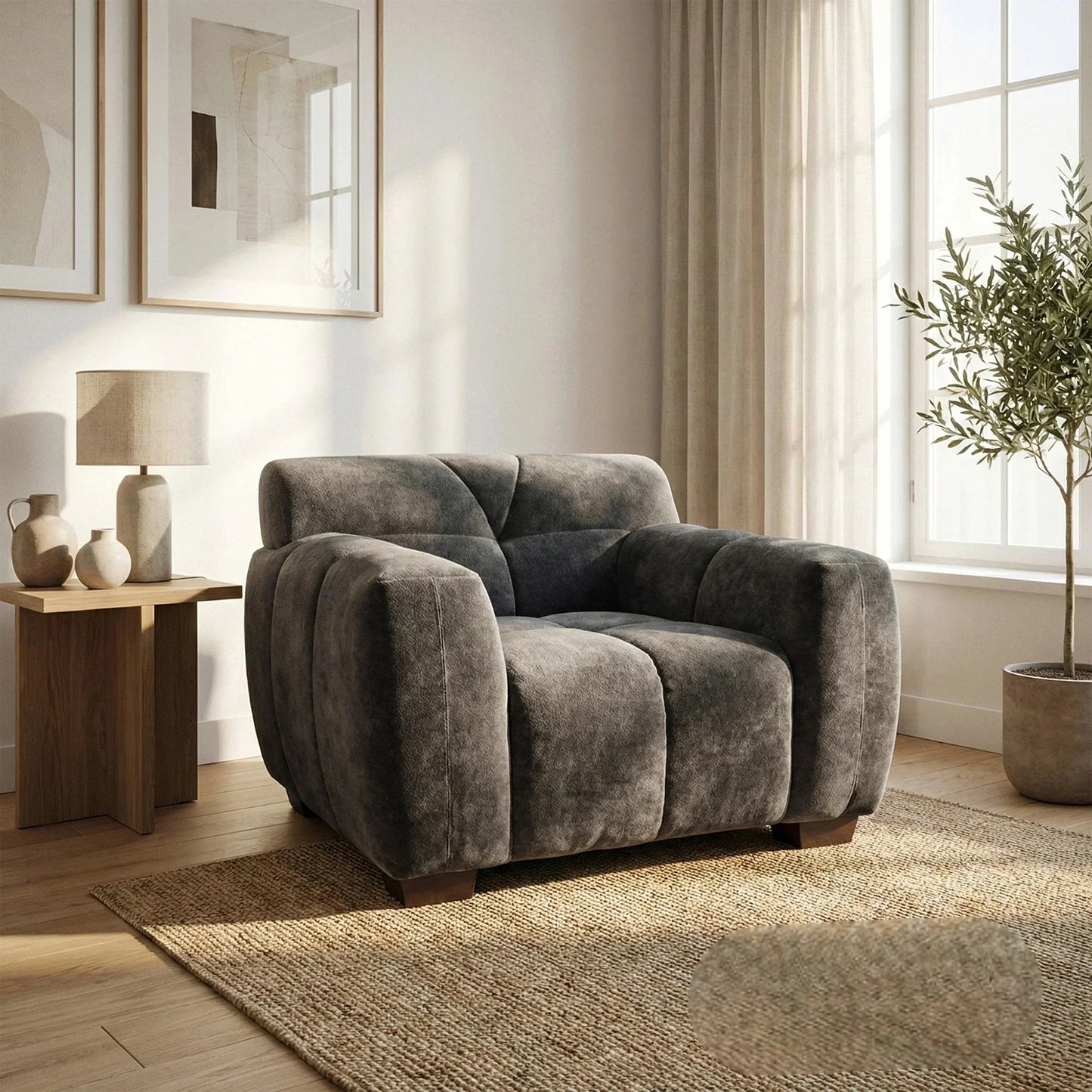ALUXO Harlem Deep Channel Stitched Armchair In Cocoa Chocolate Grey Mermaid Velvet