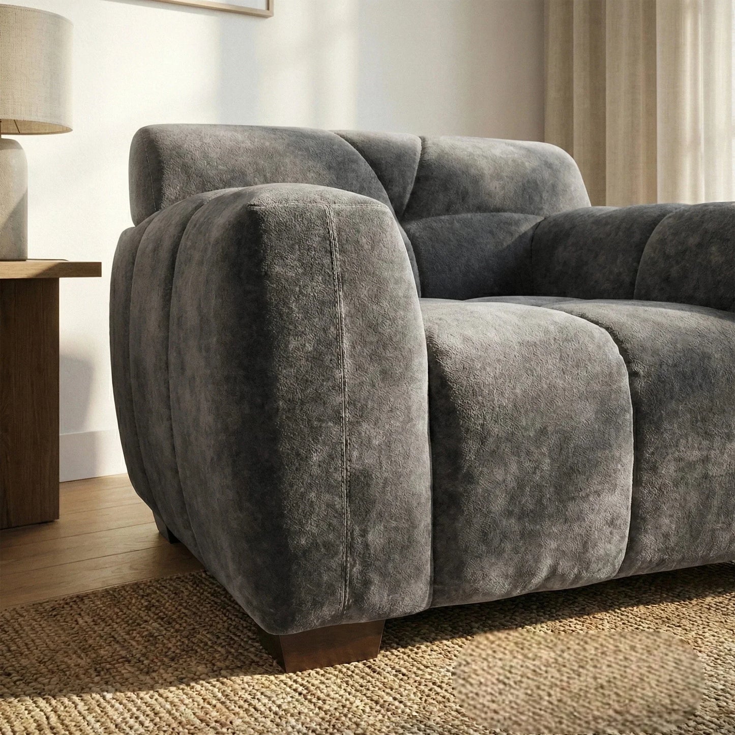 ALUXO Harlem Deep Channel Stitched Armchair In Cocoa Chocolate Grey Mermaid Velvet