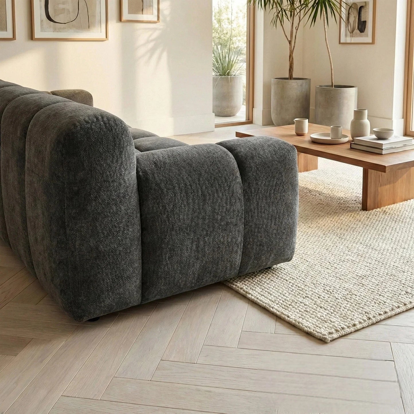 ALUXO Harlem Deep Channel Stitched 2 Seater Sofa In Steel Grey Mermaid Velvet