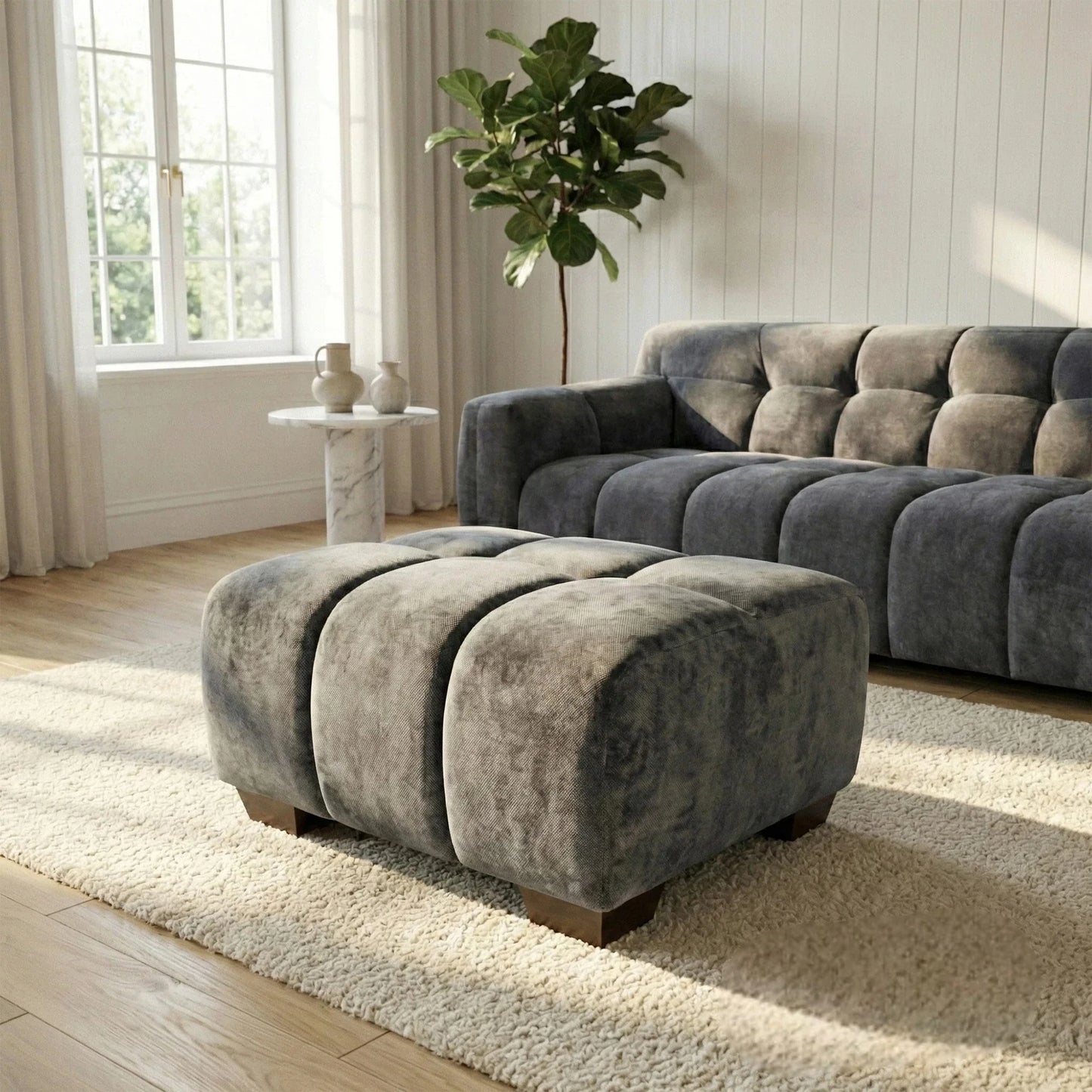 ALUXO Harlem Deep Channel Stitched Footstool In Steel Grey Mermaid Velvet