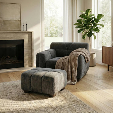 ALUXO Harlem Deep Channel Stitched Footstool In Steel Grey Mermaid Velvet
