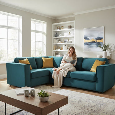 Hudson 4 Piece Corner Sofa With Fixed Full Back In Teal Green Velvet Fabric