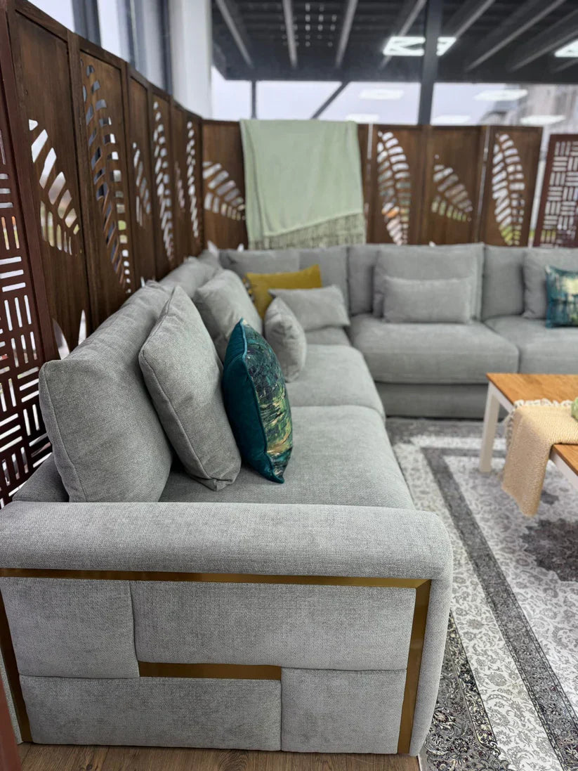 Berlin Sofa Grey Velvet Gold Trim Corner Sofa