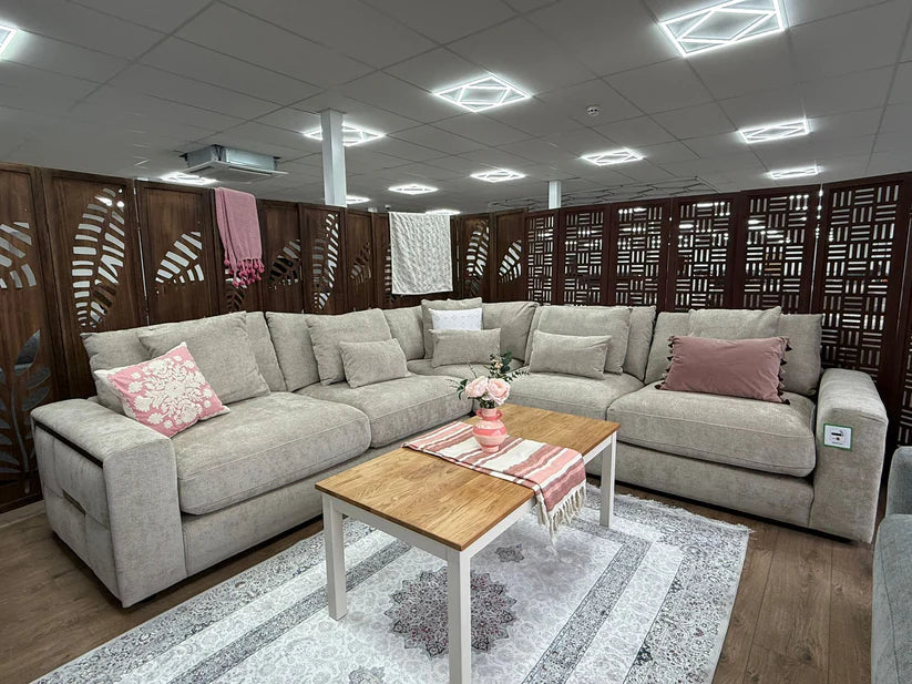 Berlin Sofa Beige Velvet Gold Trim Corner Sofa