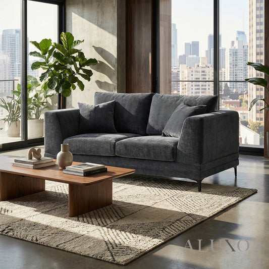 ALUXO® Lenox 2 Seater Compact Sofa – Steel Grey Velvet | Mid-Century Modern
