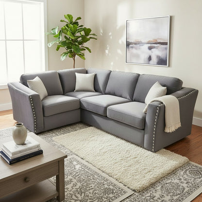 Lincoln 4 Piece Corner Sofa Chrome Studded With Silver Grey Velvet Fabric