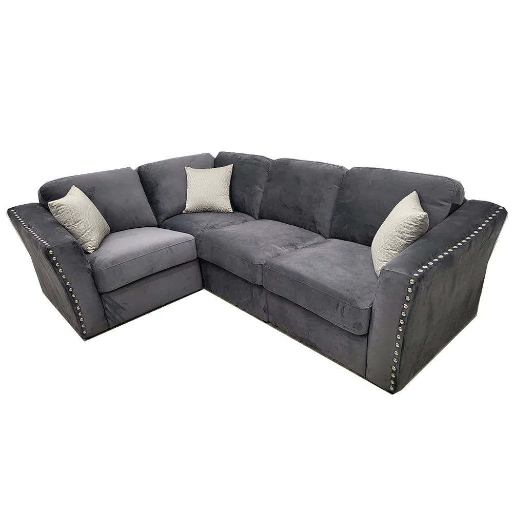 Lincoln 4 Piece Corner Sofa Chrome Studded With Silver Grey Velvet Fabric