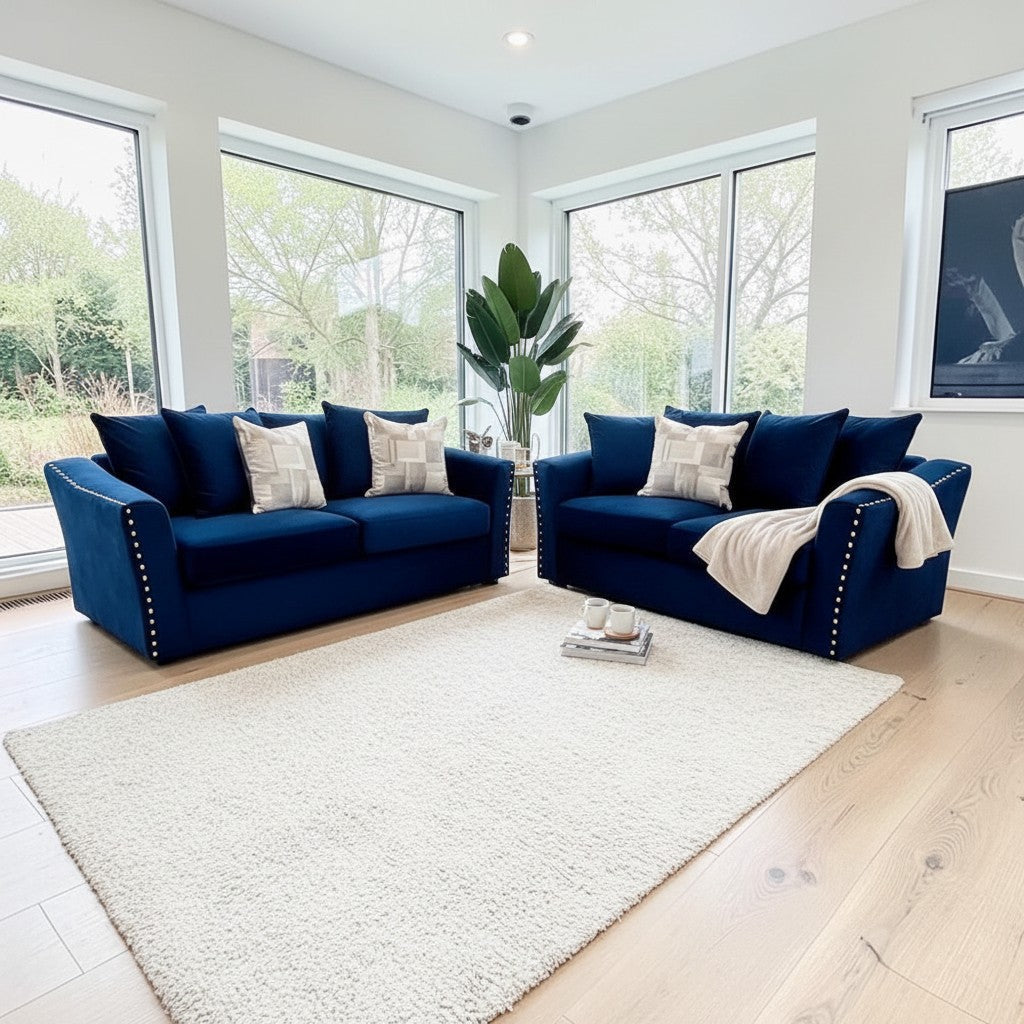 Lincoln 3+2 Seater Sofa With Scatter Back Cushion In Marine Blue Velvet Fabric