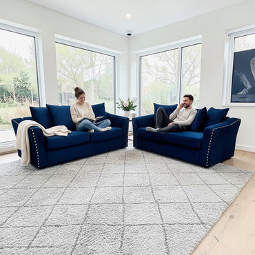 Lincoln 3+2 Seater Sofa With Scatter Back Cushion In Marine Blue Velvet Fabric