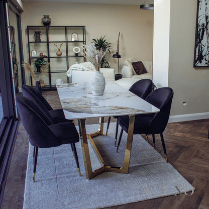 Loki 1.8m Gold Dining Set – Cream Sintered Stone Table with 4/6 Bjorn Black Velvet Chairs