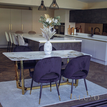 Loki 1.8m Gold Dining Set – Cream Sintered Stone Table with 4/6 Bjorn Black Velvet Chairs